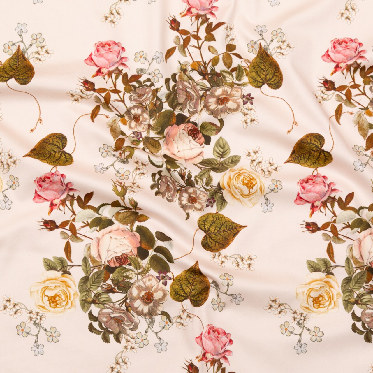 1 Yard Silver Peony Floral Blossoms of the Heart Stretch Cotton Sateen Fabric for Elegant Apparel